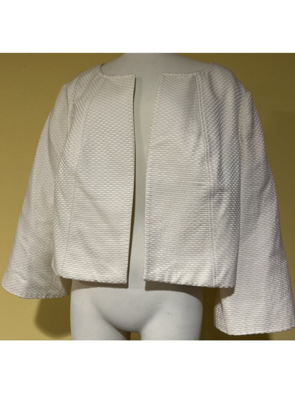Talbots Woman Ivory Textured Cotton Silk Blend Open Front Cropped Jacket 14W XL